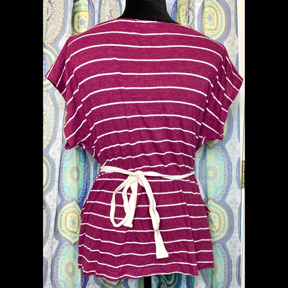 Monteau Wine Burgundy Cream Striped Top Long Ties Pockets Women's Large
